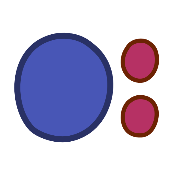 A blue circle with two red circles in front of it. The red circles are one above the other.